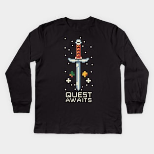 QUEST AWAITS retro 8bit pIxel sword Kids Long Sleeve T-Shirt